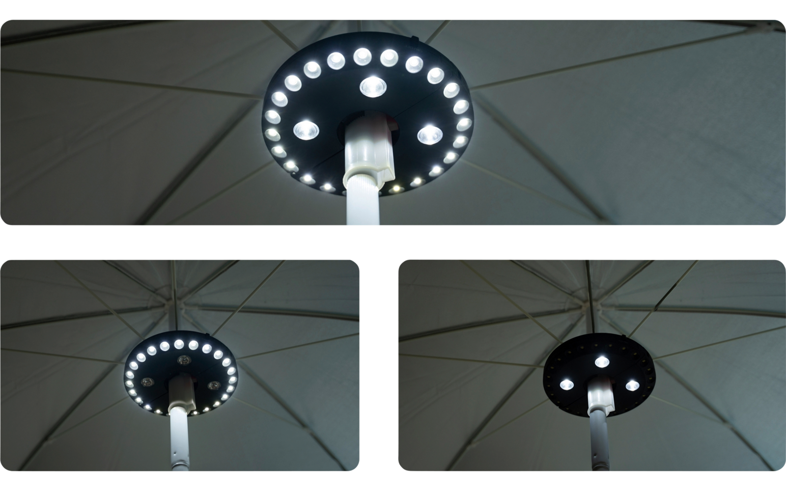 Dreiteiliges Bild der Unterseite eines geöffneten Sonnenschirms mit mittigem Stiel und rundem LED-Lichtkranz