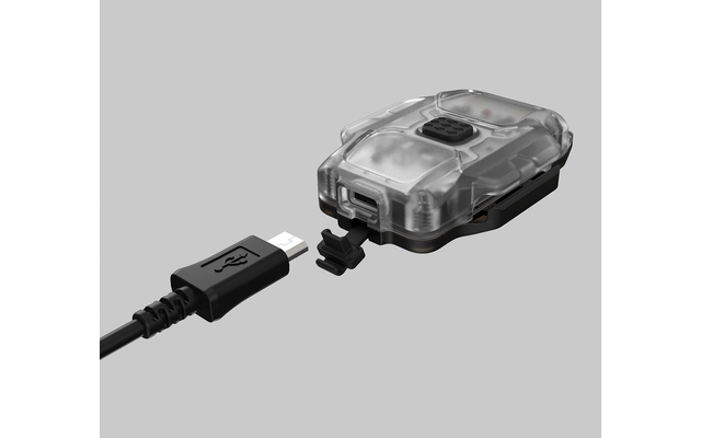 Transparenter, kleiner elektronischer Gerät mit Anschlusskabel auf grauem Hintergrund