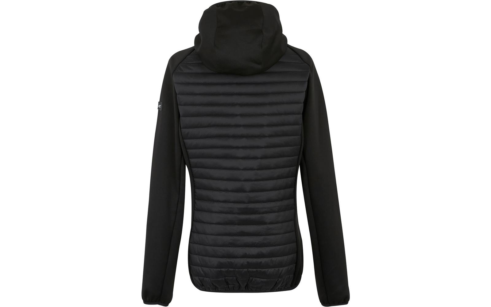 Veste noire avec capuche, devant matelassé, manches et côtés en tissu lisse