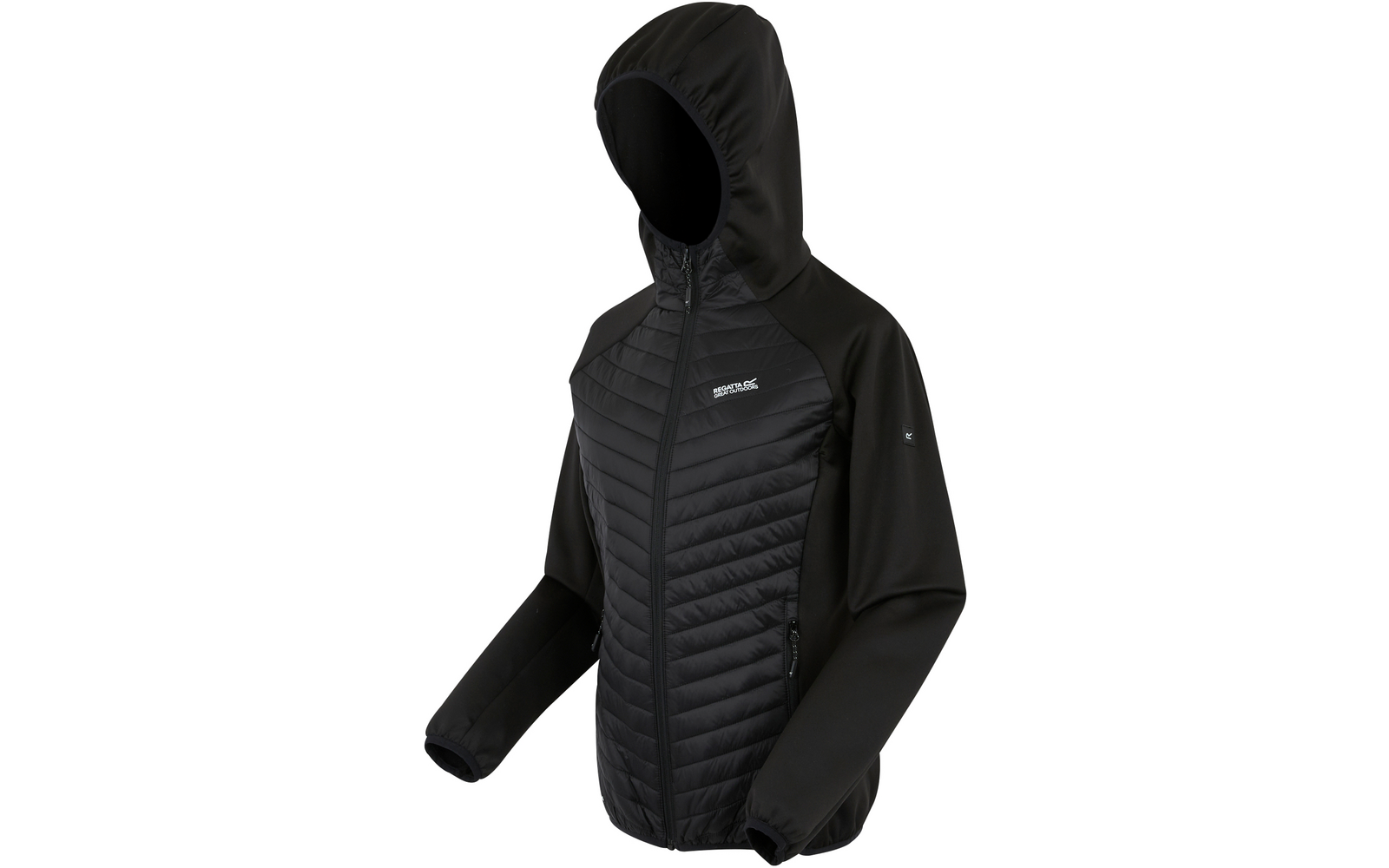 Veste noire avec capuche et fermeture éclair, manches longues, tissu matelassé à l'avant
