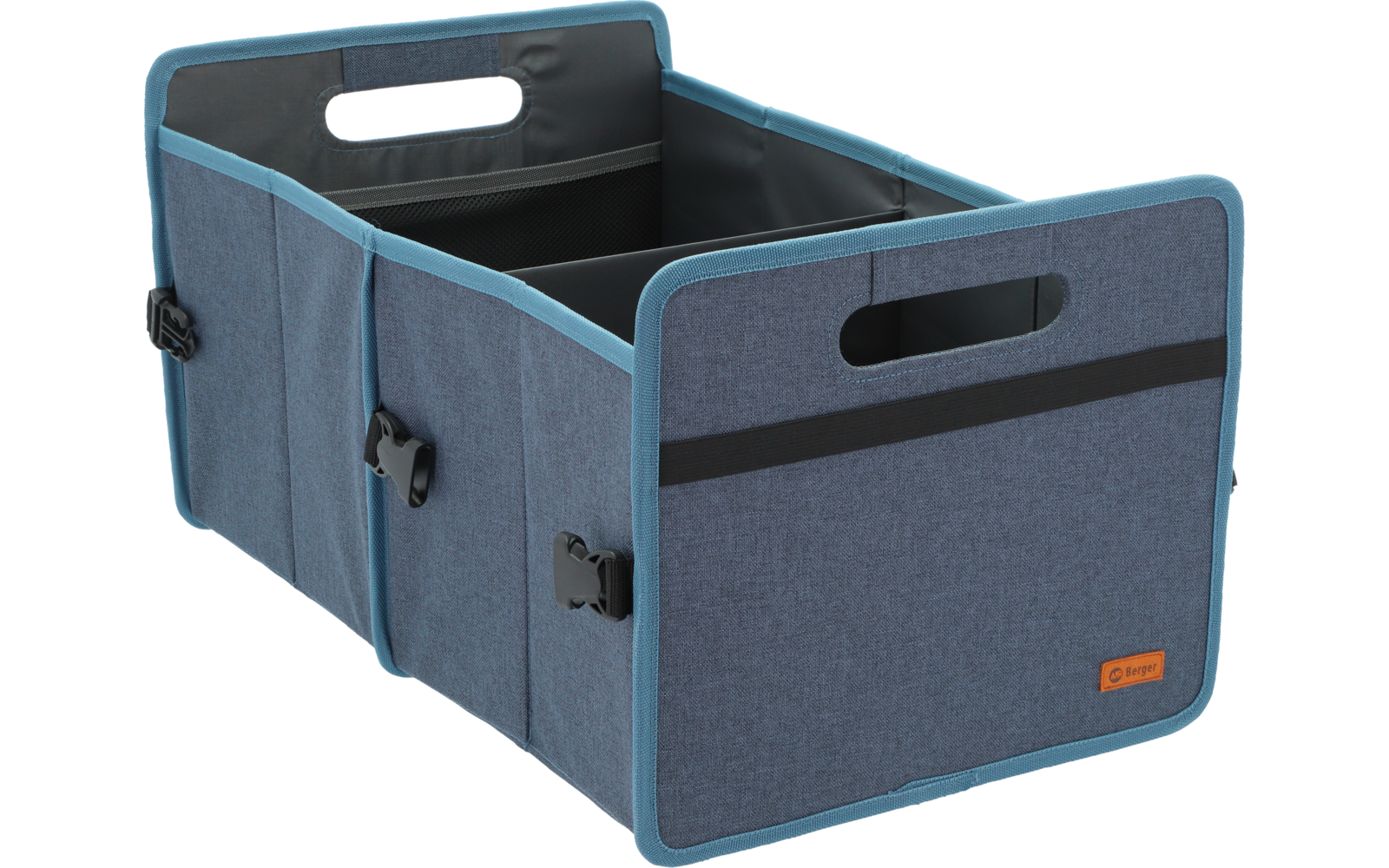 Blauer Stoffbox mit zwei Grifföffnungen und Verschlüssen