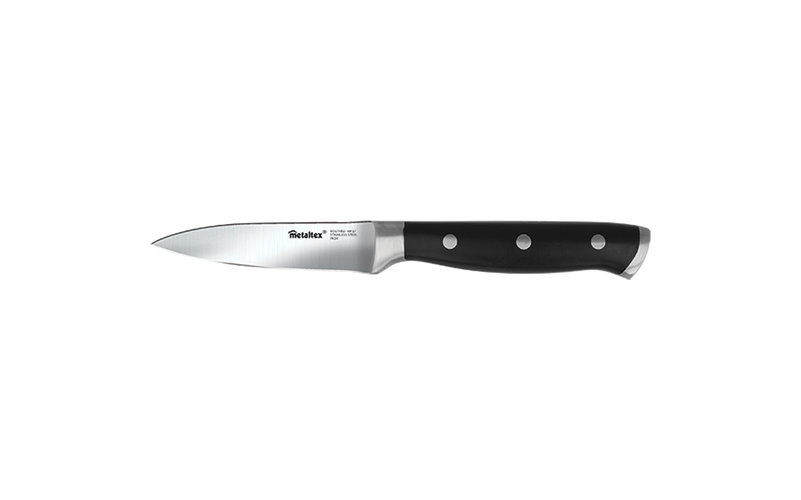 Ein silbernes Messer mit schwarzem Griff auf weißem Hintergrund