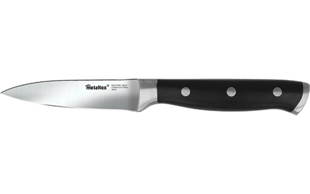 Ein silbernes Messer mit schwarzem Griff auf weißem Hintergrund