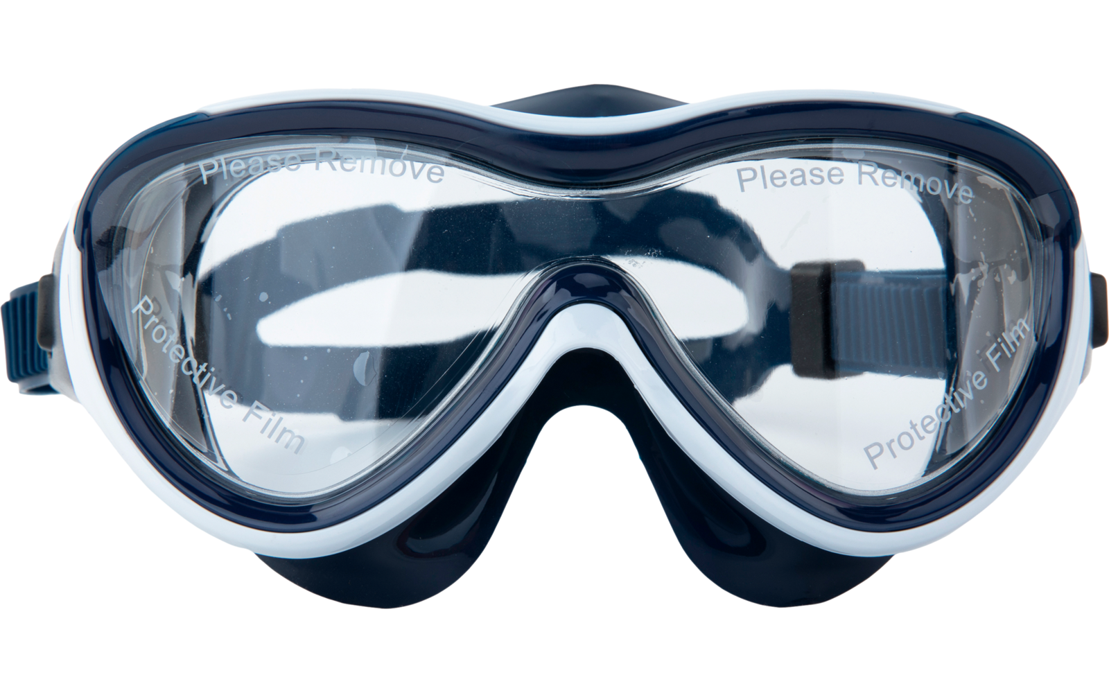Schwarze Schwimm- oder Schutzbrille mit durchsichtigem Glas auf weißem Hintergrund