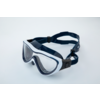 Eine Schutzbrille mit klarem Glas und verstellbarem schwarzen Gummiband auf weißem Hintergrund