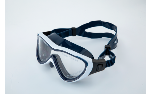 Eine Schutzbrille mit klarem Glas und verstellbarem schwarzen Gummiband auf weißem Hintergrund