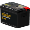 Batterie lithium rectangulaire noire avec texte jaune et blanc "DOMETIC BÜTTNER TEMPRA TLB100S LITHIUM BATTERY", capuchon de borne rouge en haut à droite, autocollants et évidement pour poignée