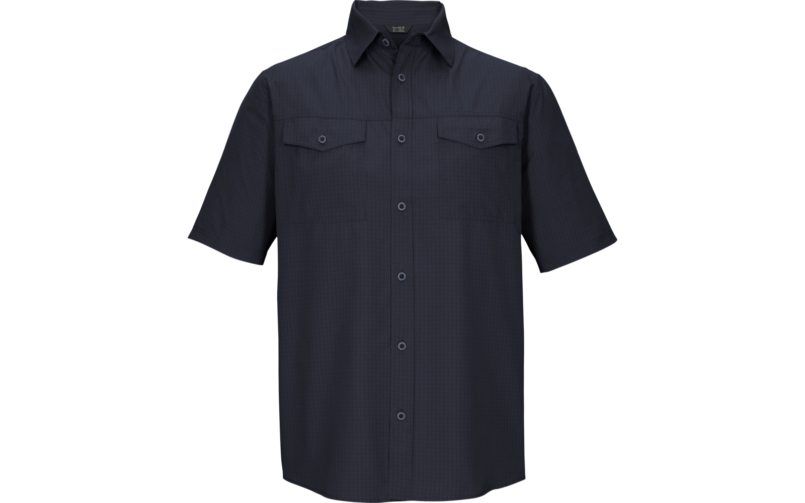 Donkerblauw overhemd met korte mouwen, knoopsluiting, kraag en twee borstzakken met knopen