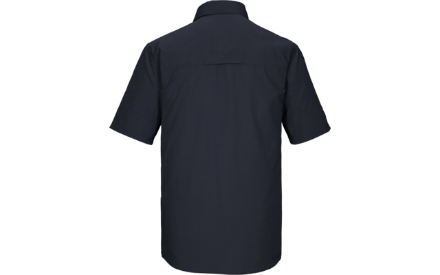 Rückenansicht eines dunkelblauen kurzärmligen Hemds mit Kragen und Rückpasse