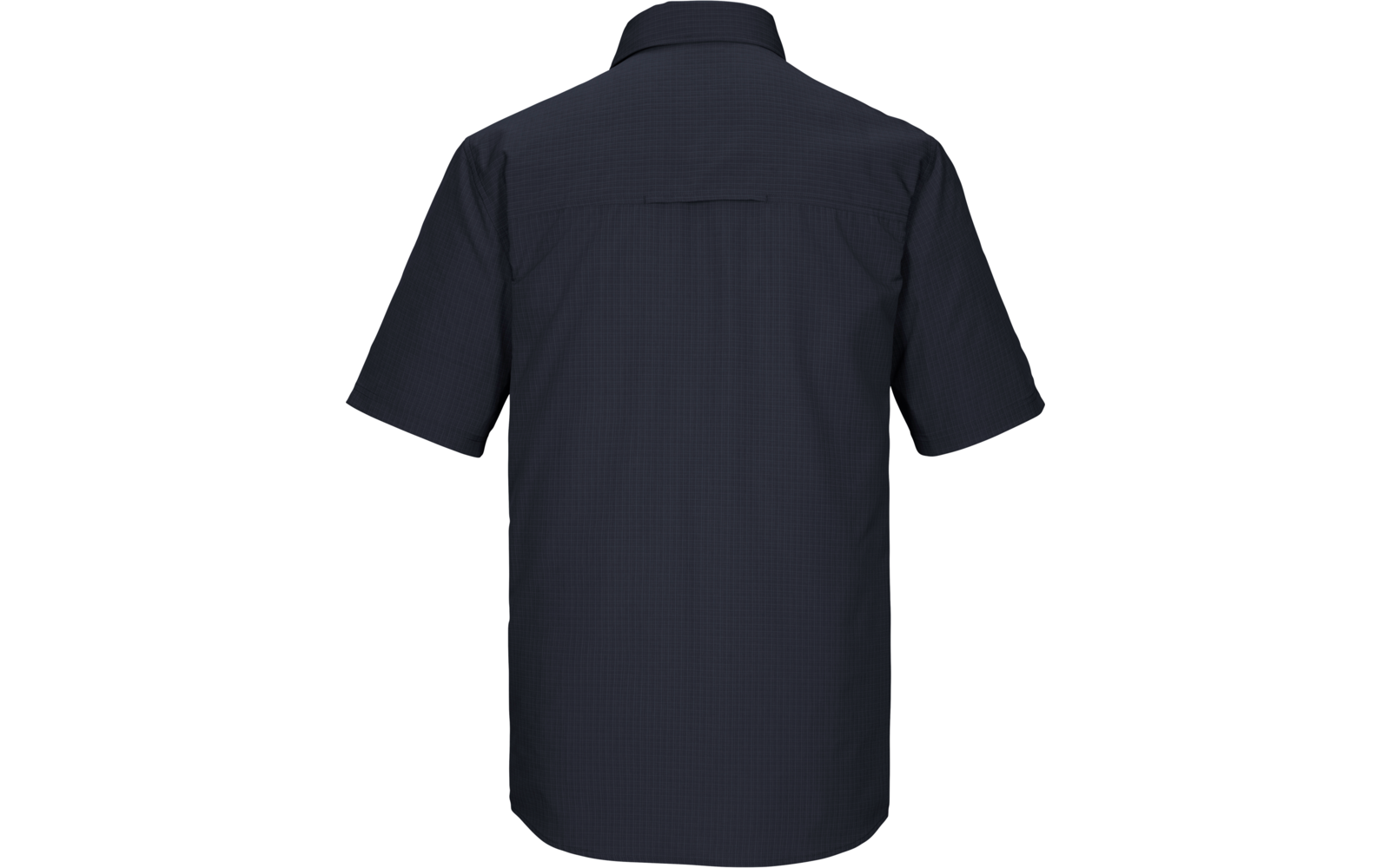 Rückenansicht eines dunkelblauen kurzärmligen Hemds mit Kragen und Rückpasse