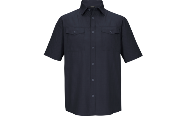 Donkerblauw overhemd met korte mouwen, knoopsluiting, kraag en twee borstzakken met knopen