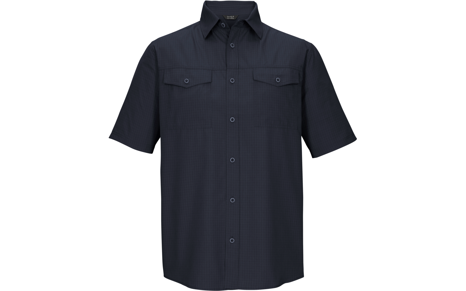 Dunkelblaues Hemd mit kurzen Ärmeln, Knopfleiste vorn, Kragen und zwei Brusttaschen mit Knöpfen