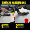 Zwei Bilder nebeneinander zeigen die einfache Handhabung eines Reinigers: links wird der Reiniger auf eine Oberfläche gesprüht, rechts wird die Oberfläche mit einem Tuch abgewischt