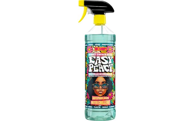 Sprühflasche mit blauem Reinigungsmittel und Comic-Illustration auf dem Etikett