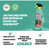Produktbild einer Sprayflasche mit Aufschrift ‚Easy Peacy reinigt sämtliche glatten Oberflächen‘ auf grünem Hintergrund mit textlichen Informationen zu den Vorteilen
