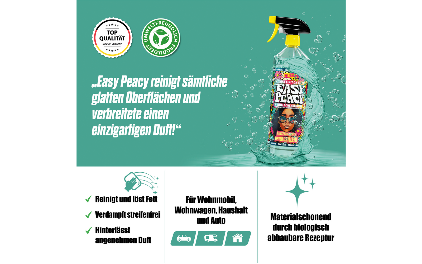 Produktbild einer Sprayflasche mit Aufschrift ‚Easy Peacy reinigt sämtliche glatten Oberflächen‘ auf grünem Hintergrund mit textlichen Informationen zu den Vorteilen