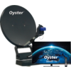Schwarze Satellitenschüssel mit weißem Schriftzug 'Oyster' und montierter blauer Empfangseinheit; daneben ein Flachbildfernseher mit Weltkugel-Grafik und Text 'Oyster SMART TV' sowie eine Fernbedienung auf weißem Hintergrund