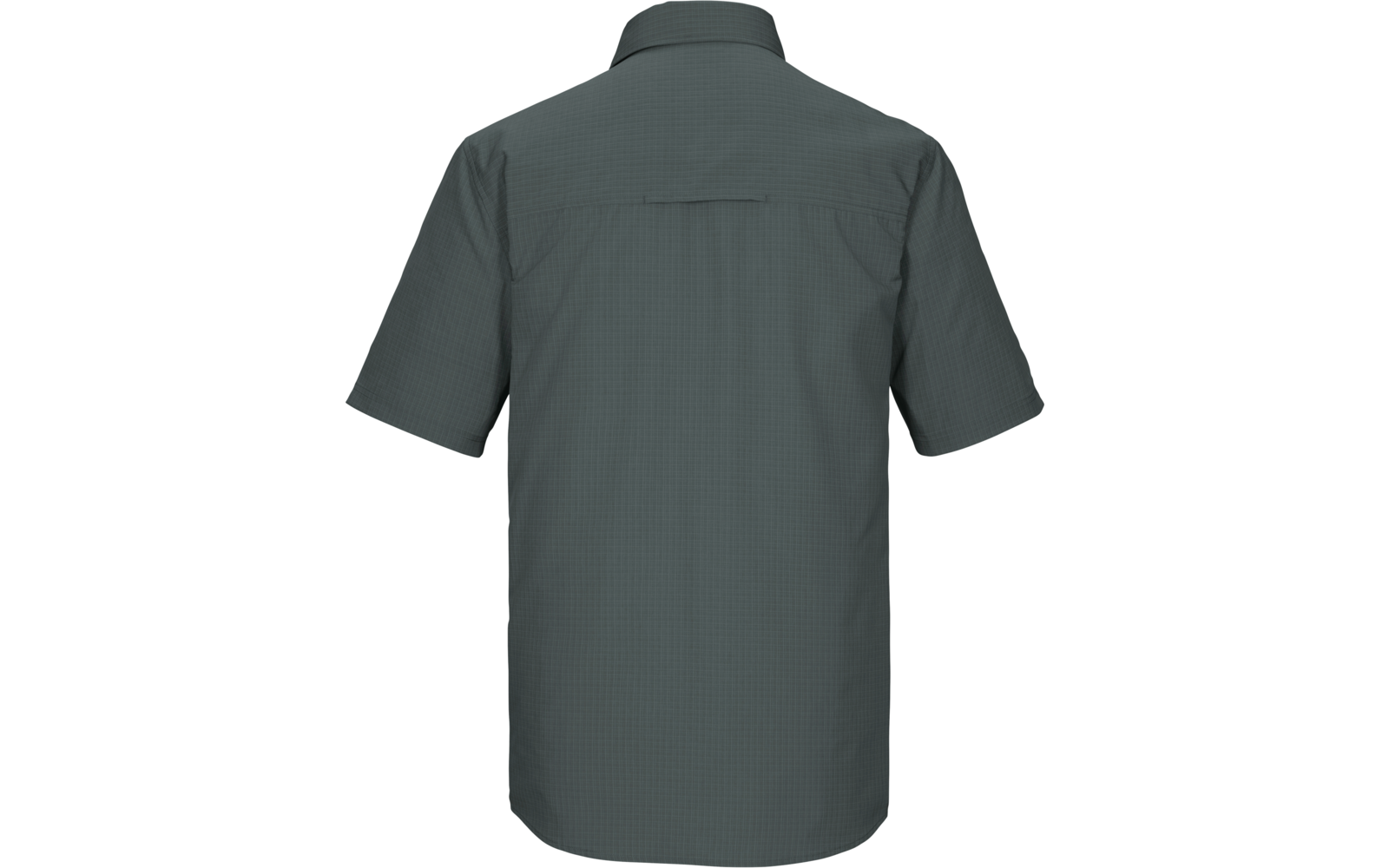 Rückenansicht eines kurzärmeligen, dunkelgrauen Hemdes mit Kragen und Rückenpasse auf weißem Hintergrund