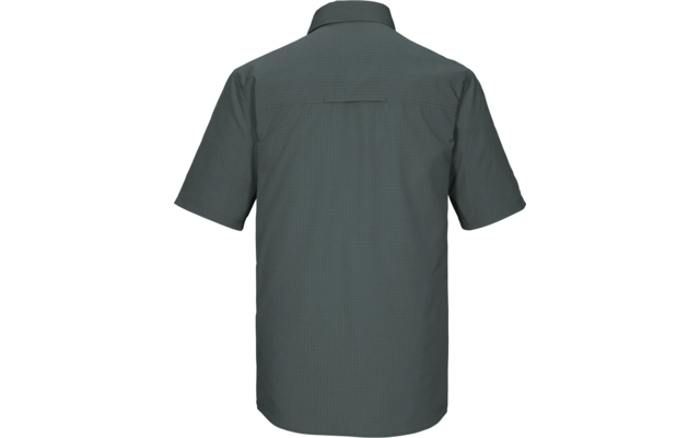 Rückenansicht eines kurzärmeligen, dunkelgrauen Hemdes mit Kragen und Rückenpasse auf weißem Hintergrund