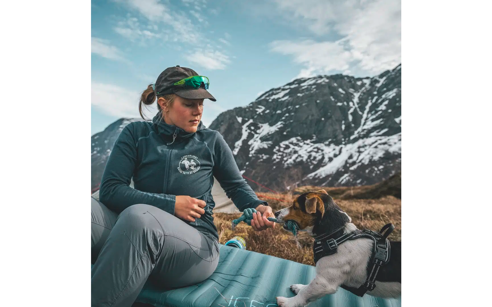 Person sitzt auf einer Decke und schaut einen Hund in bergiger Landschaft an