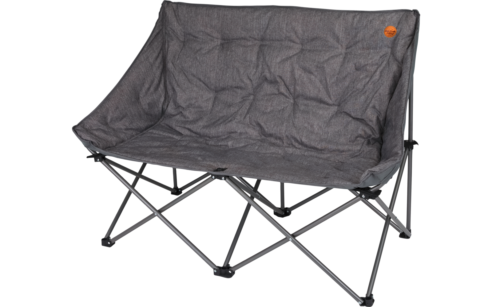 Klappbarer, zweisitziger Outdoor-Stuhl mit grauem Stoffbezug und grauem Metallgestell