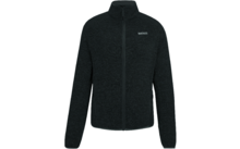 Dunkelgraue, langärmelige Fleecejacke mit durchgehendem Reißverschluss, Stehkragen, zwei seitlichen Taschen und feiner Struktur; Frontansicht vor weißem Hintergrund