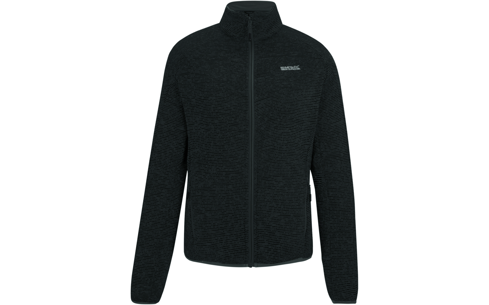 Dunkelgraue, langärmelige Fleecejacke mit durchgehendem Reißverschluss, Stehkragen, zwei seitlichen Taschen und feiner Struktur; Frontansicht vor weißem Hintergrund