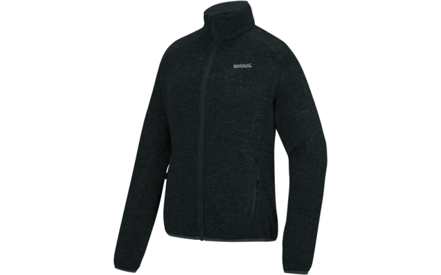 Dunkelgraue Fleecejacke mit durchgehendem Reißverschluss, Stehkragen, zwei Reißverschlusstaschen und kleinem Logo auf der linken Brust