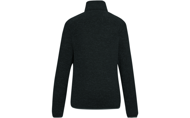 Rückenansicht eines dunkelgrauen langärmligen Oberteils mit Stehkragen und feiner horizontaler Struktur