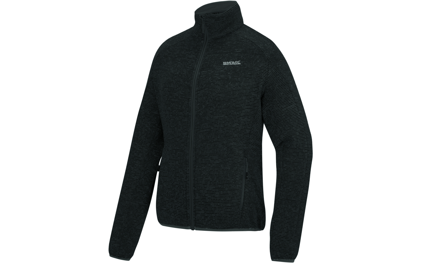 Dunkelgraue Fleecejacke mit durchgehendem Reißverschluss, Stehkragen, zwei Reißverschlusstaschen und kleinem Logo auf der linken Brust