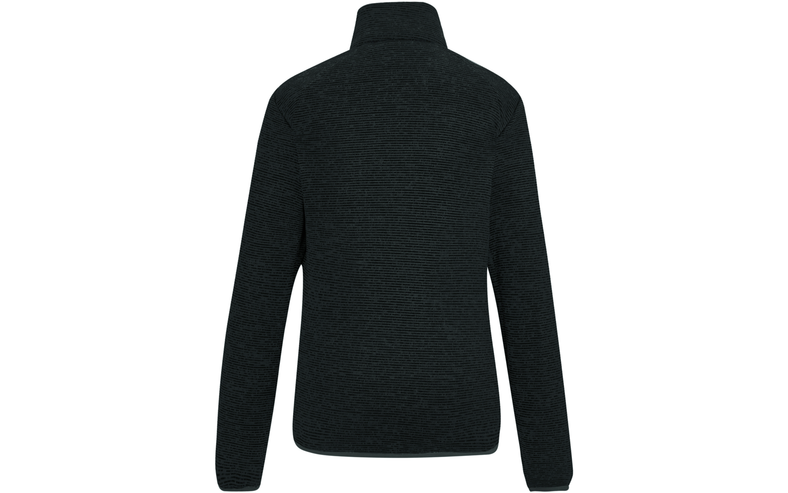 Rückenansicht eines dunkelgrauen langärmligen Oberteils mit Stehkragen und feiner horizontaler Struktur