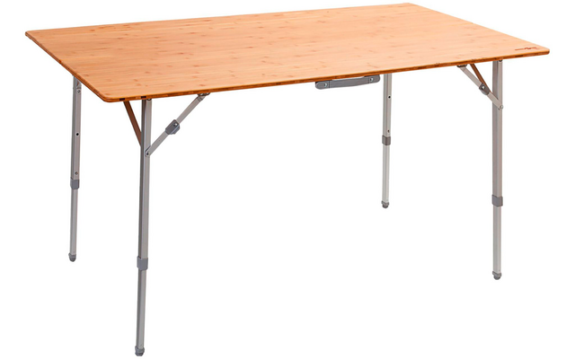 Rectangular table with light wooden top and four folding metal legs