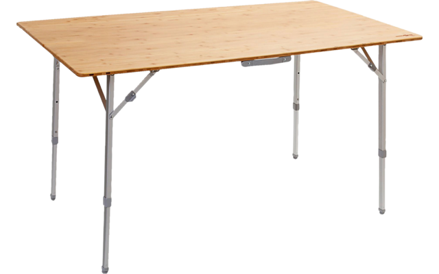 Rectangular table with light wooden top and four folding metal legs