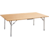 Rectangular table with light wood top and grey metal legs, support braces visible under the top