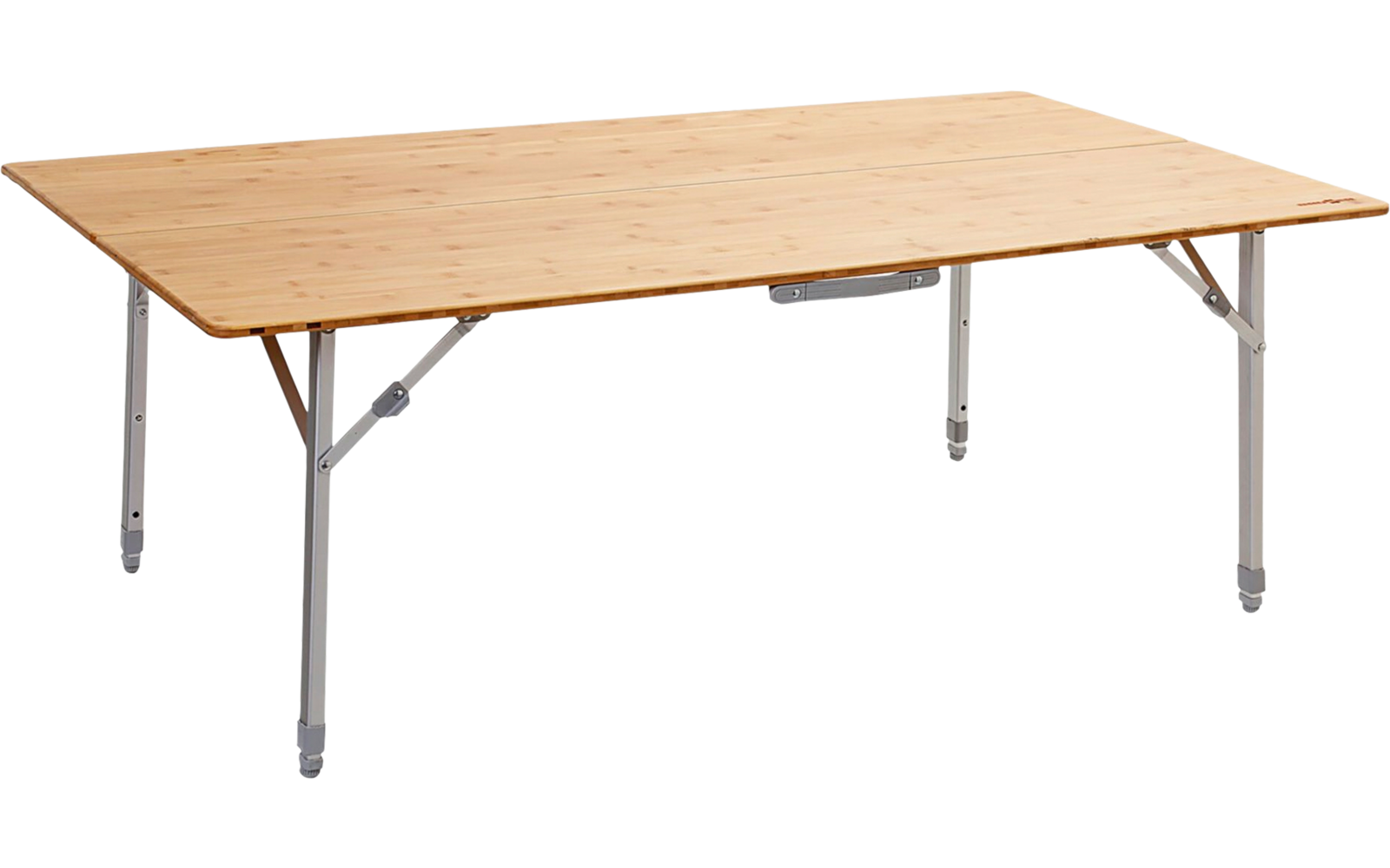 Rectangular table with light wood top and grey metal legs, support braces visible under the top