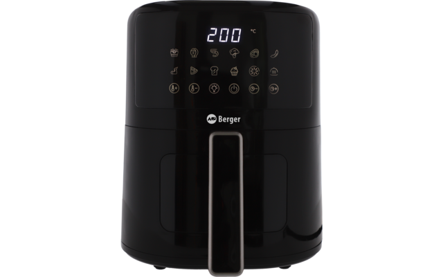 Friteuse à air noire avec affichage numérique 200 °C, icônes tactiles, logo Berger et poignée du tiroir