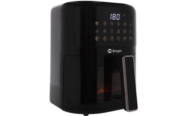 Friteuse à air noire avec affichage numérique «180 °C», rangée d'icônes tactiles, logo «Berger», poignée argentée et petit hublot avec lumières orange