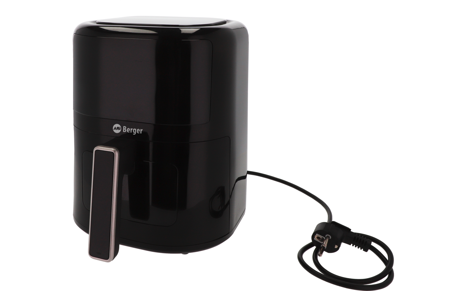 Appareil cylindrique noir brillant avec poignée à l'avant et câble d'alimentation avec prise