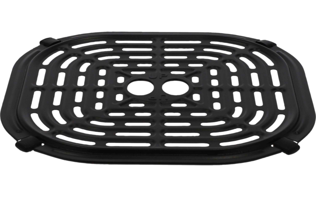 Grille rectangulaire noire aux coins arrondis, fentes courbes, deux ouvertures ovales au centre et petites poignées latérales