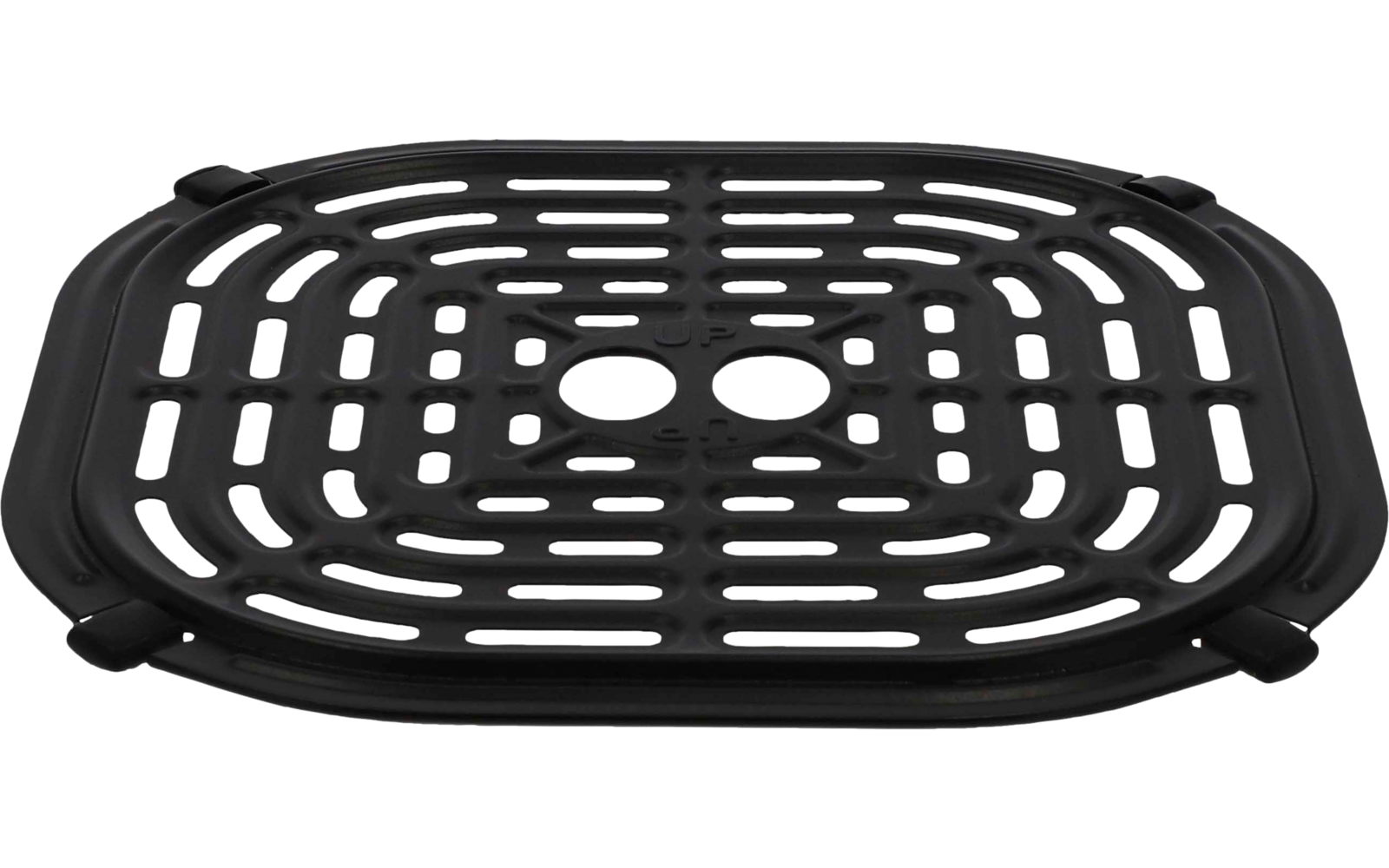 Grille rectangulaire noire aux coins arrondis, fentes courbes, deux ouvertures ovales au centre et petites poignées latérales