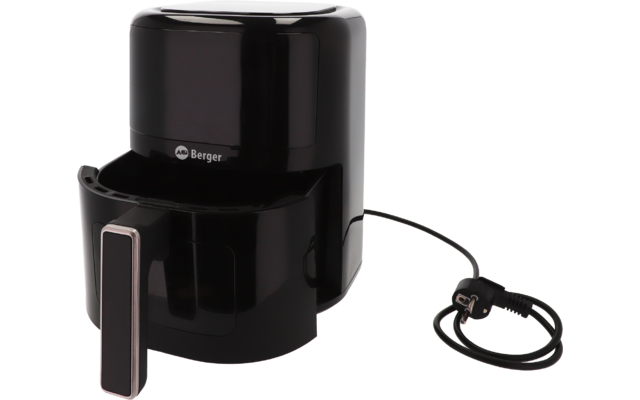 Objet cylindrique noir et brillant avec sommet arrondi, face avant bande rectangulaire argentée, câble d'alimentation avec prise à droite, fond blanc