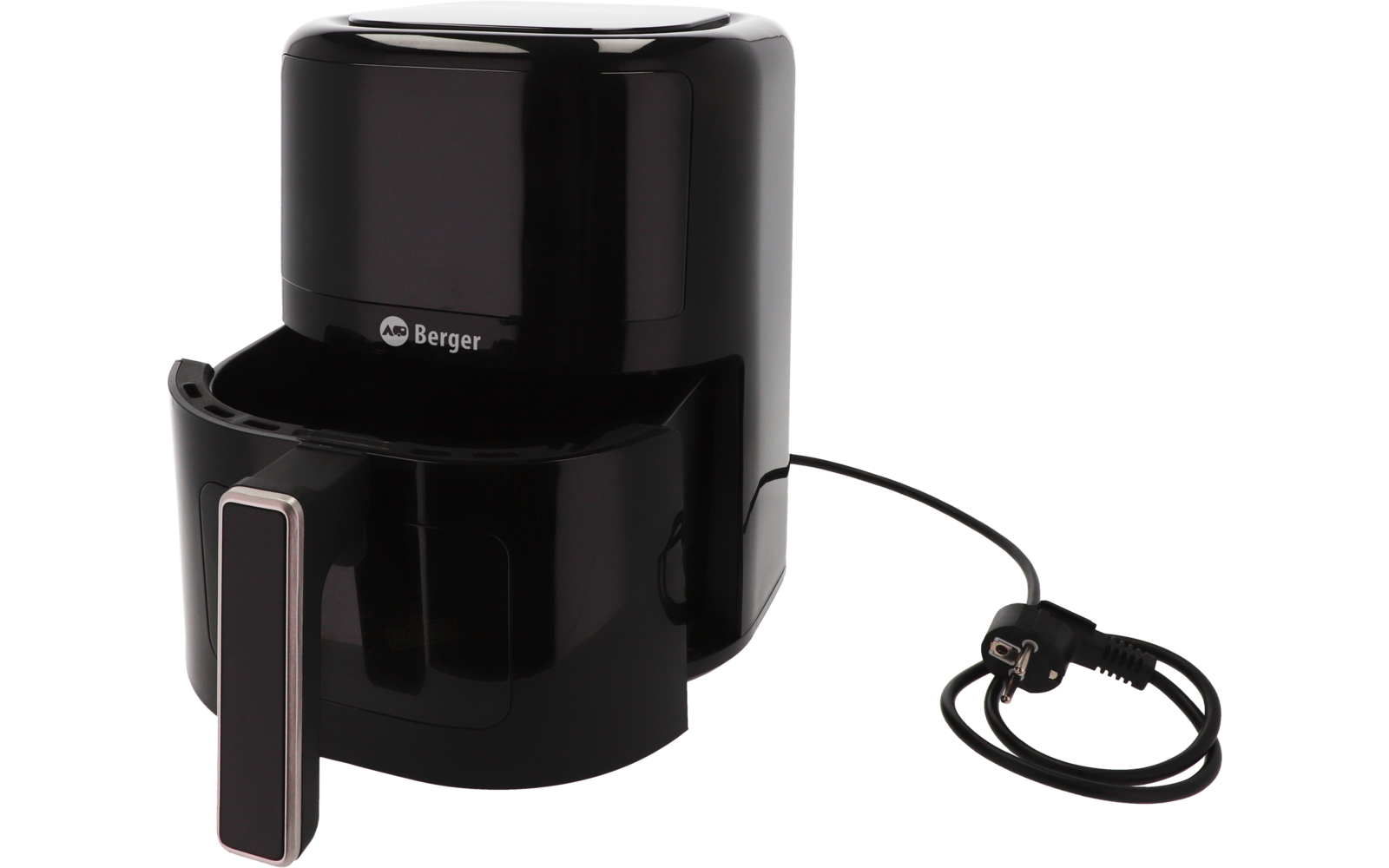 Objet cylindrique noir et brillant avec sommet arrondi, face avant bande rectangulaire argentée, câble d'alimentation avec prise à droite, fond blanc