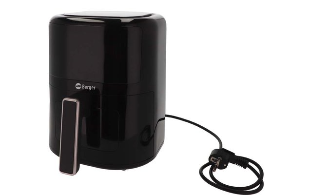 Glänzendes schwarzes rundes Gerät mit Frontgriff und angeschlossenem Stromkabel mit Stecker