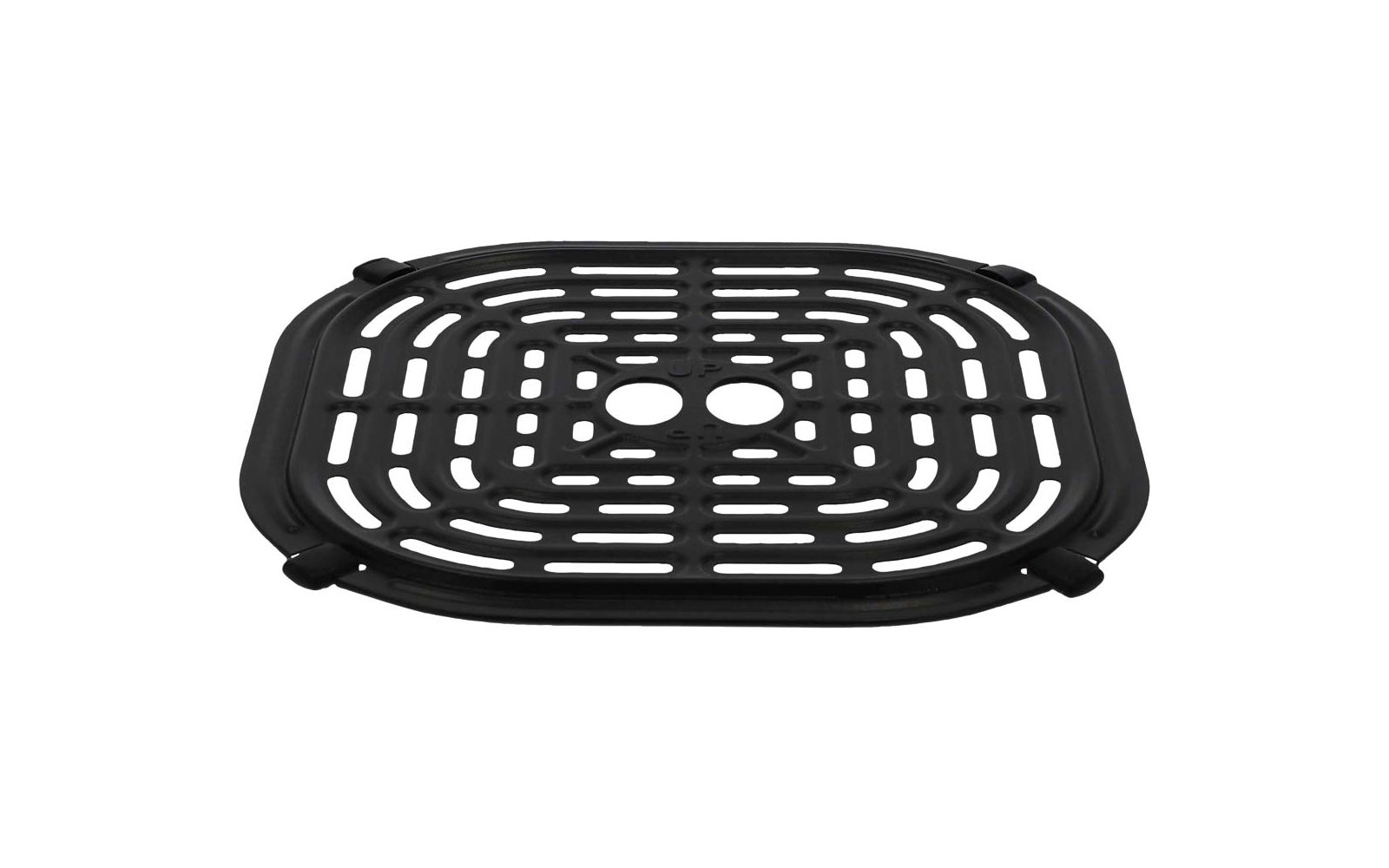 Schwarzes, rechteckiges Gitter mit abgerundeten Ecken, geschwungenen Schlitzen, zwei ovalen Öffnungen in der Mitte und kleinen seitlichen Griffen