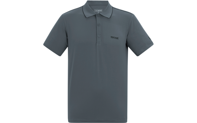 Graues Poloshirt mit kurzen Ärmeln, Kragen, dreiknöpfiger Knopfleiste und kleinem Logodruck auf Brust und Ärmel