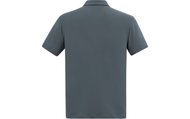 Dunkelgraues kurzärmeliges Poloshirt von hinten auf weißem Hintergrund