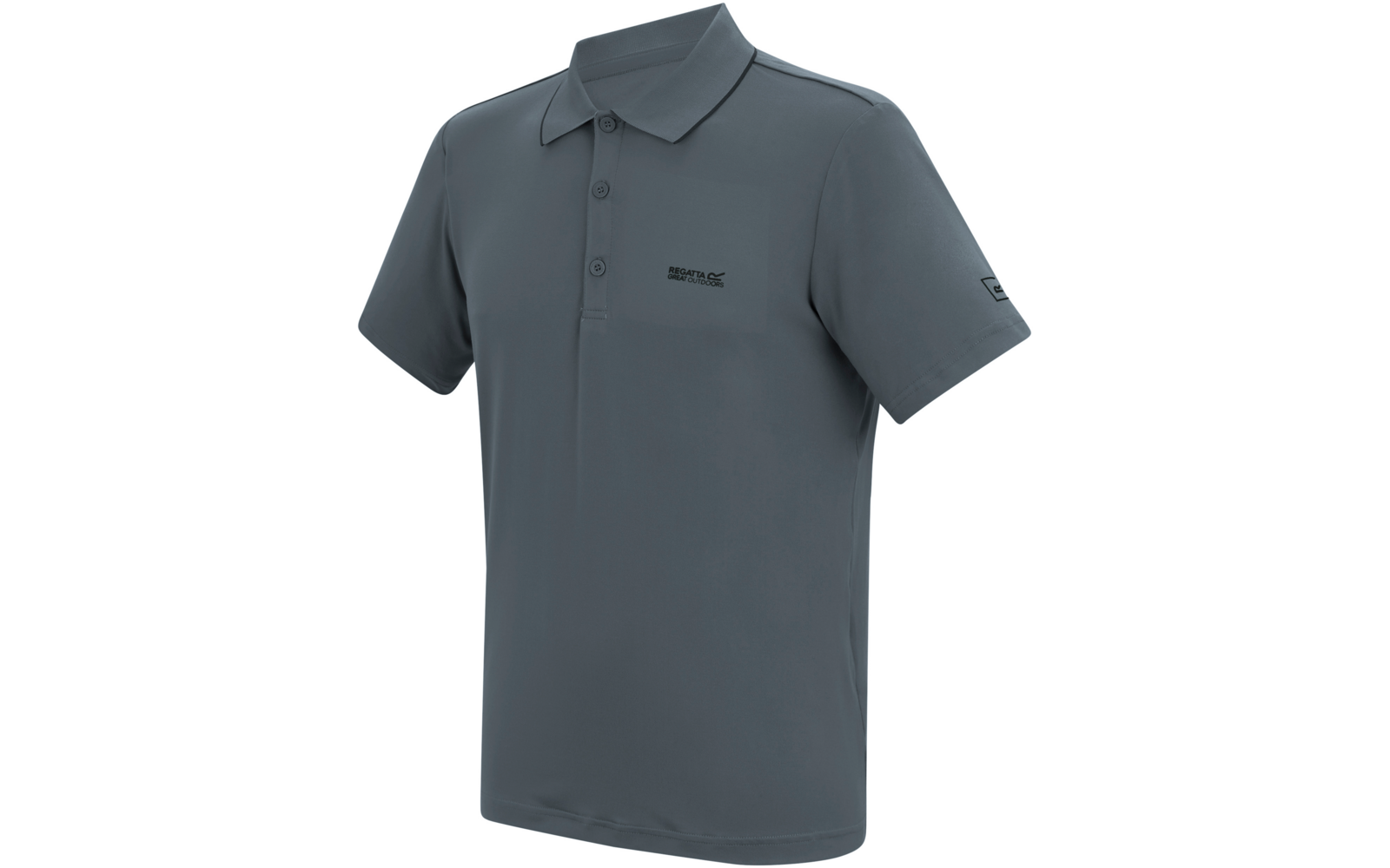 Graues kurzärmeliges Poloshirt mit Kragen, Dreiknopf-Leiste und kleinem Logo auf linker Brust und linkem Ärmel