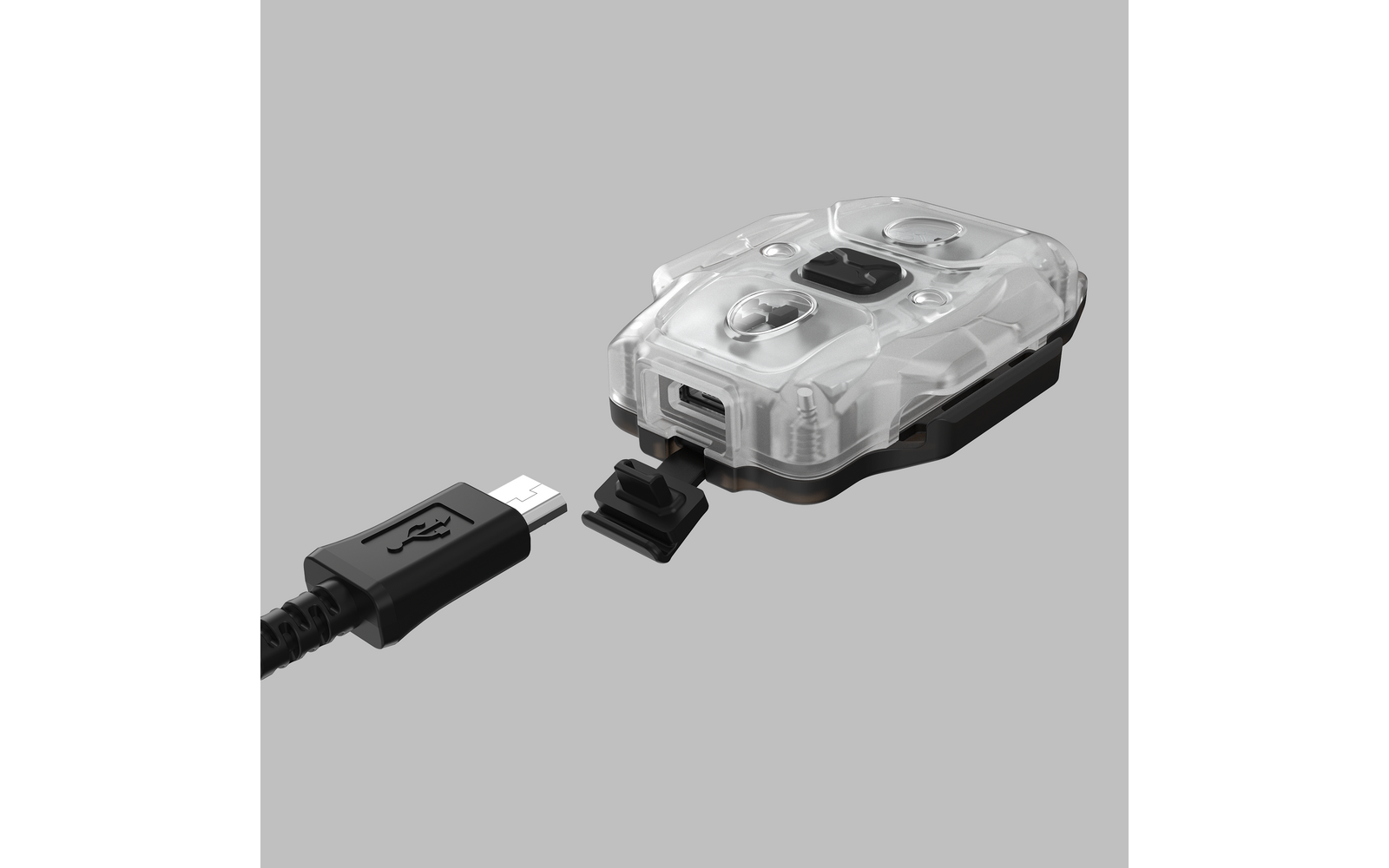 Transparente elektronische Gerät mit USB-Anschluss und USB-Kabel daneben