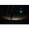 Person mit Taschenlampe in dunklem Wald