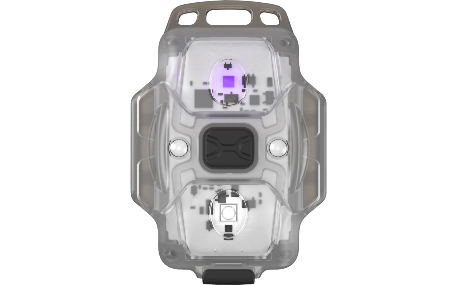 Transparenter Gehäuseteil mit sichtbaren elektronischen Bauteilen auf grauem Hintergrund